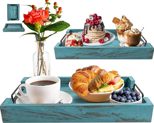 Comfify Rustic Wooden Serving Trays with Handle - Set of 2 - Large and Small Nesting Multipurpose Trays - for Breakfast, Coffee Table/Butler & More - Rustic Blue