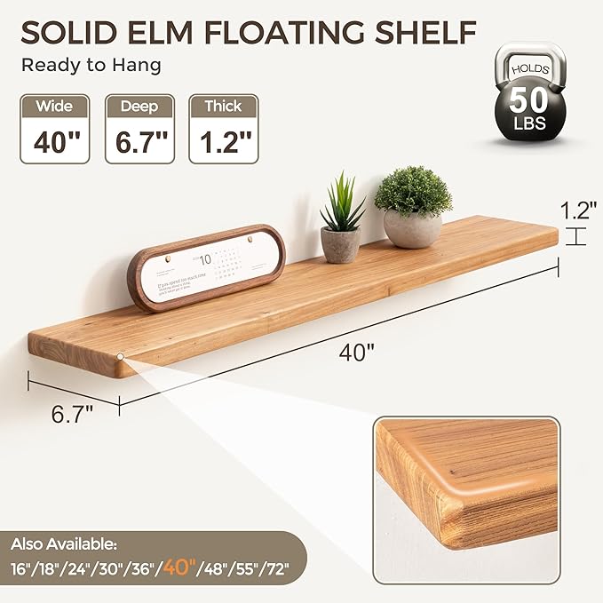 Fun Memories Rustic Elm Wood Floating Shelves, Wooden Wall Shelves 40 Inch Long Set of 2, Heavy-Duty Bathroom Shelf for Wall, Solid Wood Storage Shelf for Kitchen, Bedoom, Office