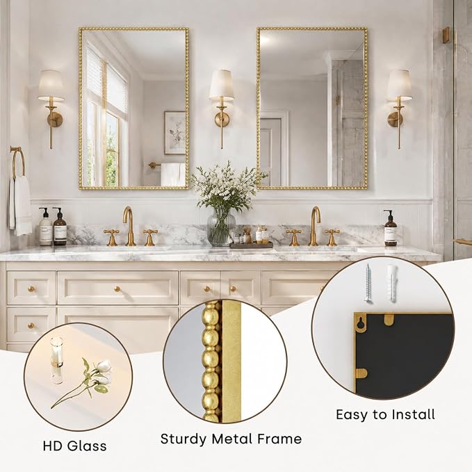 Uniclinens Vintage Rectangle Mirror Decor - Antique Large Gold Beaded Mirror for Wall Decor with Metal Frame, Ideal for Bathroom,Entryway, Fireplace, Living Room, Hallway,24"X36"