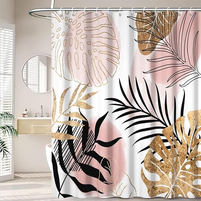 Modern Boho Shower Curtain Pink Gold Palm Leaves Abstract Aesthetic Bathroom Decor Gorgeous Watercolor Botanical Theme Bohemian Bath Curtains Washable Waterproof Polyester Fabric with Hooks 72x78 Inch