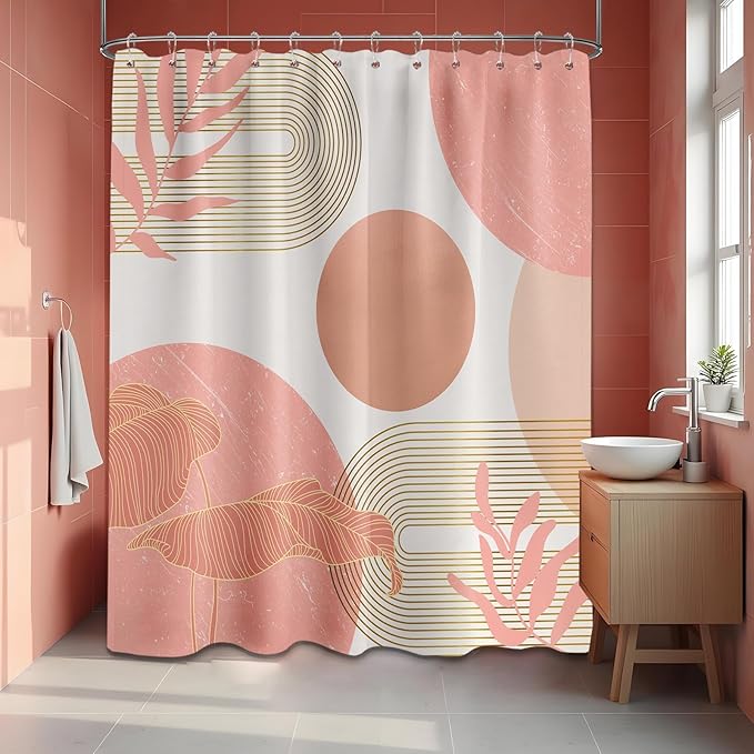 Coral Shower Curtain White and Peach Color Shower Curtains for Bathroom Decor Abstract MCM Girls Bath Curtain Set, Waterproof Fabric with Hooks 70 x 84 Inch