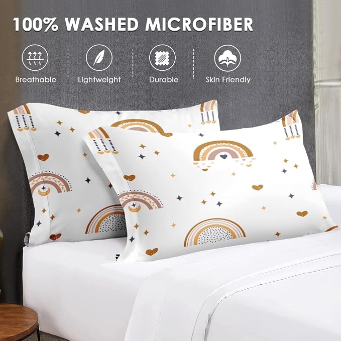 WeCozy 7 Pcs King Size Comforter Set with 2 Pillowcases & 2 Shams, Cute Bohemian Rainbow Bedding for Kids and Adults, Cartoon Boho Nursery Bed in a Bag with Flat Fitted Sheet