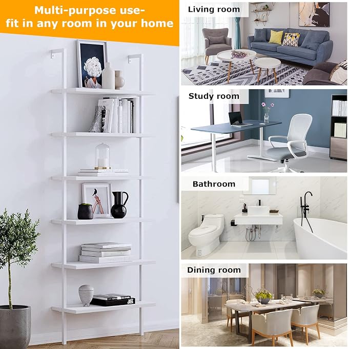 5 Tier Wall Mounted Ladder Shelf, Ladder Bookshelf with Metal Frame and Wood Shelf, Modern Learning Bookcase for Living Room, Bedroom, Office (23.6" W x 11.8" D x 70.8" H, White)