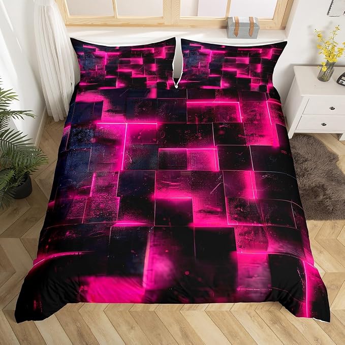 Erosebridal Black and Hot Pink Duvet Cover King Modern Abstract King Bedding Set, 3D Glowing Plaid Comforter Cover Gradient Grid Bed Set, Neon Square Bedding 3 Piece (Black Reversible)