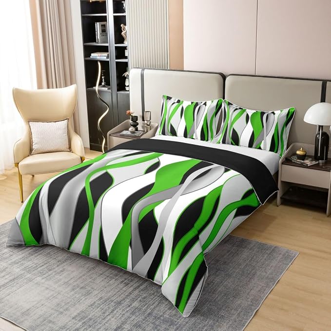 Erosebridal Green Grey Black Bedding Set Queen Geometric Spiral Striped 100% Cotton Duvet Cover Waves Abstract Art Comforter Cover for Kids Teens Adults Modern Fashion Bed Set 3 Pcs