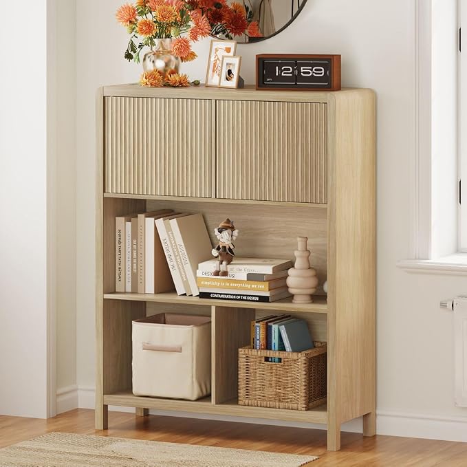 FATORRI Cube Bookshelf with 2 Doors, Wood Bookcase with Storage, Modern 5 Cubby Book Shelf for Home Office Living Room (Light Walnut)