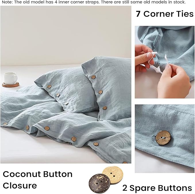 Simple&Opulence 100% Linen Duvet Cover Set 3pcs with Coconut Button Closure Natural French Washed Flax Solid Color Soft Breathable Farmhouse Bedding - Dusty Blue, Queen Size