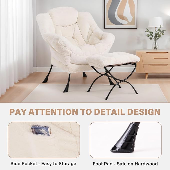 Tiita Lazy Chair with Ottoman, Beige Modern Large Accent Chair, Comfy Leisure Sofa Armchair with Ottoman, Reading Chair with Footrest for Bedroom, Living Room, Dorm Rooms, Plush Beige