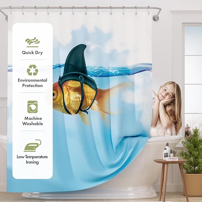 AmazerBath Shower Curtain Blue, Washable Cloth Funny Fish in Shark's Clothing Kids Shower Curtain Sets with 12 Shower Curtain Hooks, Cute Waterproof Shower Curtains for Bathroom Decor, 72x72 Inches