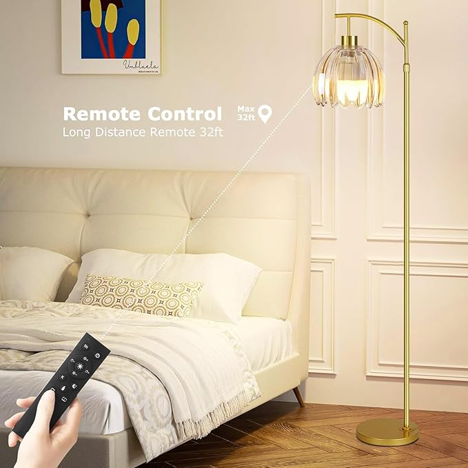 QIYIZM Glass Floor Lamp for Living Room,Bedroom,Gold Dimmable Standing Lamp with Remote,Mid Century Modern Brass Tall Lamp Boho Floor Lamps Arc Stained Flower Floor Light Lamp Girls Bohemian