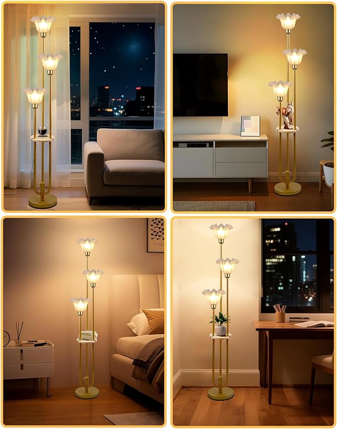 Flower Floor Lamp for Living Room, Dimmable Vintage Floor Lamp with Shelf & LED Bulbs, 3 Light 3000K Soft Warmwhite Mid Century Gold Standing Lamp, Floral Tall Lamp for Bedroom