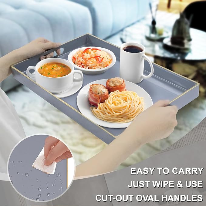 MAONAME Gray Serving Tray with Handles, Modern Grey Decorative Tray for Coffee Table, Plastic Rectangular Gray Trays for Ottoman, Bathroom, Decor, 15.8” x 10.2” x 1.4"