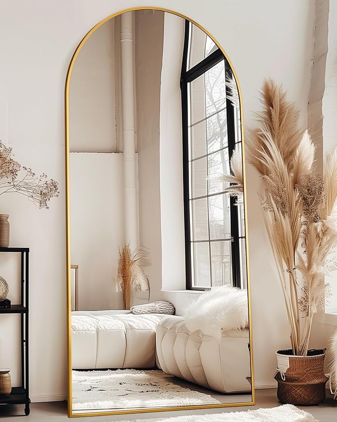 Full Length Mirror with Stand, 76"x34" Arched Full Body Mirror, Large Stand Up Mirrors, Aluminum Frame Floor Standing Mirrors, Freestanding Hanging Leaning Mounted for Bedroom Living Room, Gold
