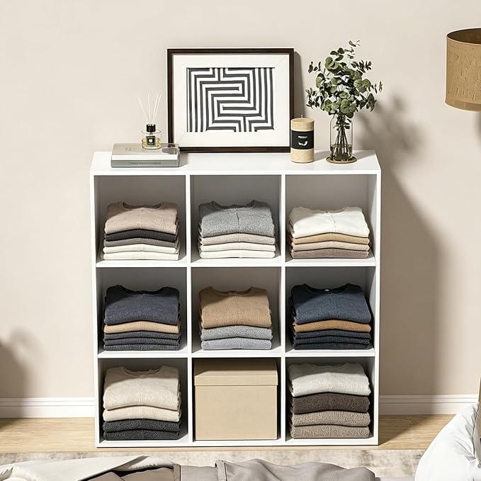 Wooden 9 Cube Storage Organizer with Closed Back Panel,White Cube Shelf Cubby Storage Organizer with Compartments for Living,Bookshelf, Easy to Install (White, 9 Cube-11in)