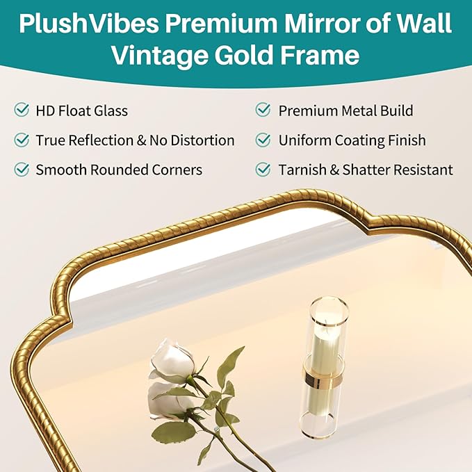 Vintage Gold Wall Decor Mirror - 24"x36" Large Gold Antique Mirror with Rounded Corner Rope-Like Frame, Wall Decorative Mirrors Accent for Living Room, Bedroom, Fireplace, Bathroom