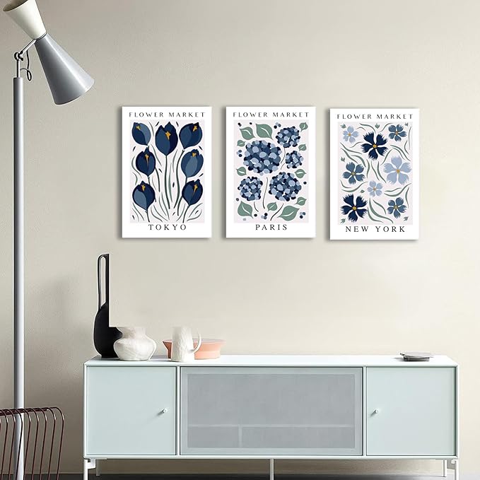 BingruiArt Flower Market Wall Art Navy Blue Canvas Boho Floral Wall Decor Modern Retro Botanical Posters Prints Pictures for Livingroom Batroom Bedroom Dorm Room 3Pcs 16"x24" Framed