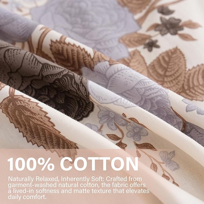 Cream Floral Duvet Cover King Size - 100% Cotton Comforter Cover Elegant Flower Botanical Duvet Cover Sets 3-PC, Breathable Duvet Cover with Zipper Closure & Corner Ties