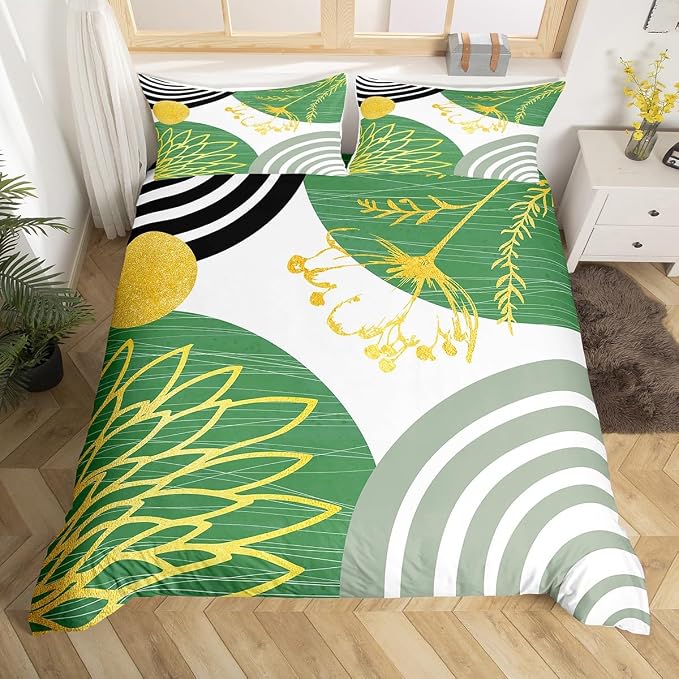 Erosebridal Mid Century Modern Queen Comforter Cover for Kids Teens Adults - White and Green Abstract Duvet Cover Boho Minimalist Aesthetic Bed Set Chic Modern Geometric Bohemian Floral Bedding Set