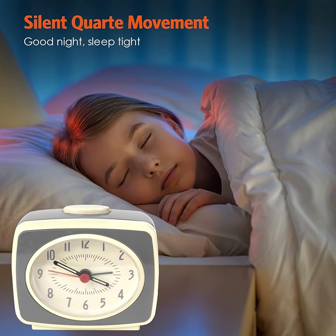 Alarm Clock Grey Small Silent Movement Vintage Classic Style Battery Powered Small Alarm Clock