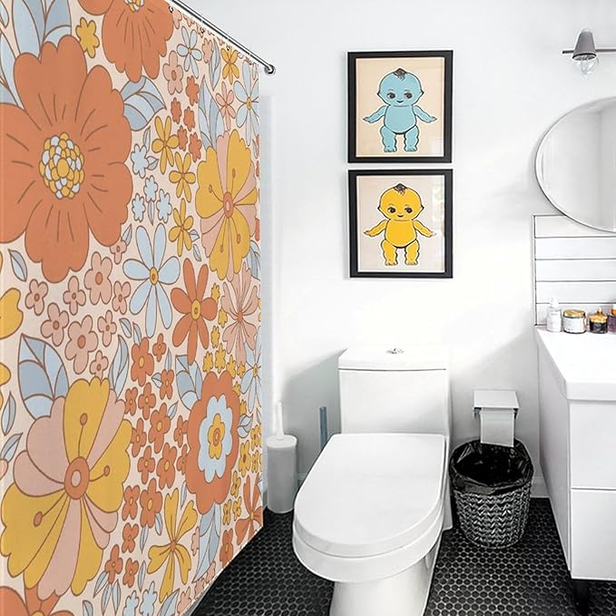Hippie Floral Shower Curtain, Retro 70s Vintage Orange Daisy Groovy Cute Flower Aesthetic Boho Funky Trippy Waterproof Fabric Bath Shower Curtain Set with Hooks, 72"x72" Inch