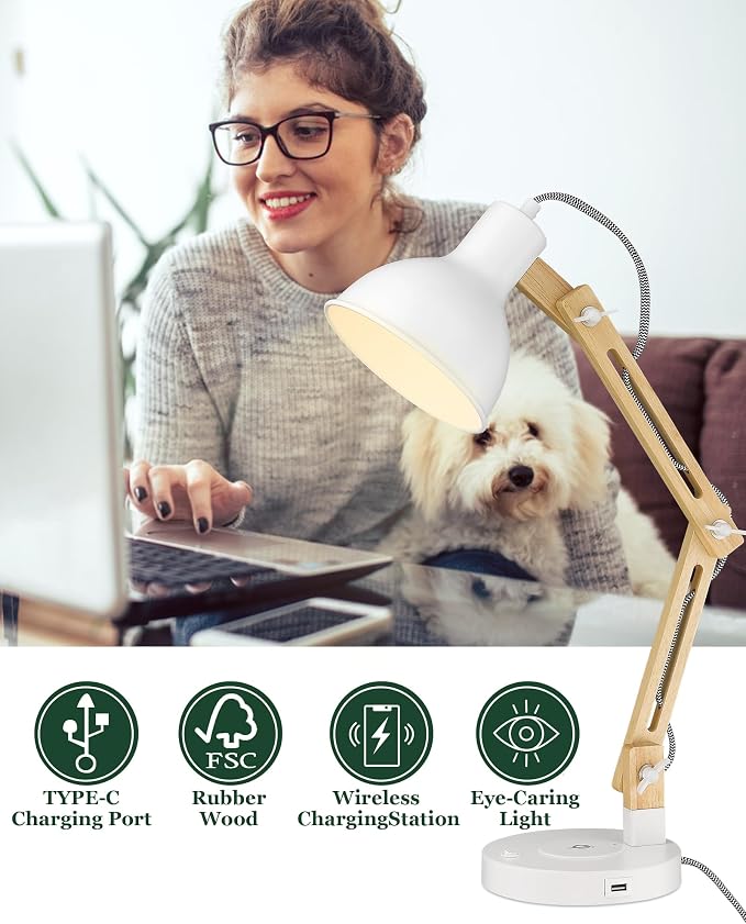 ELYONA Japandi White Desk Lamp with Wireless Charger, Solid Wood Table Lamp with USB C Charging Port, Swing Arm Reading Task Light with LED Bulb for College Dorm, Office, Living Room, Bedroom