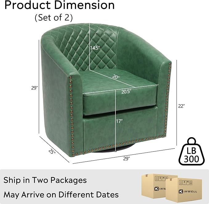 KINWELL 29" Wide Tufted Faux Leather Swivel Barrel Chair Set of 2, PU Leather Modern Upholstered Accent Chairs with Nailhead Trim, Small Armchair for Living Room Bedroom, Green