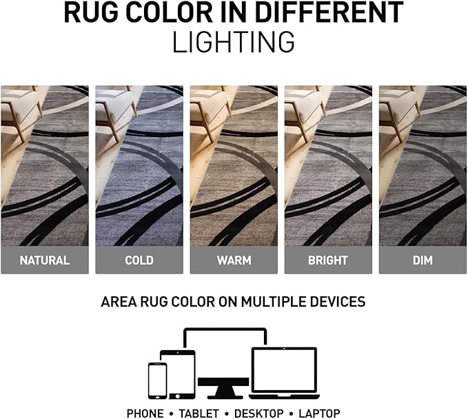 Rugshop Wavy Circles Design Round Rug, Carpet with Jute Backing for Living Room, Office, or Bedroom, Gray, 6'6" Round