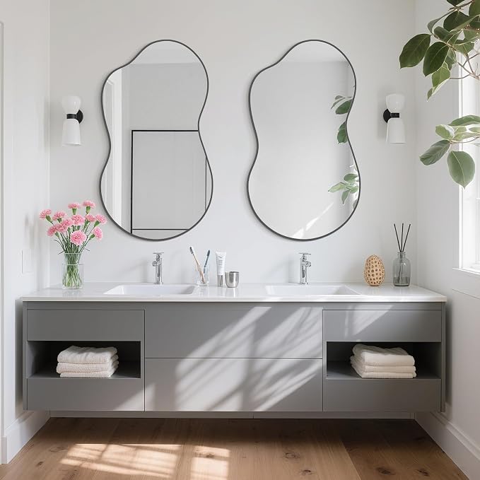 HOMECOOKIN 46" H x 26" W Irregular Wall Mirror, Asymmetrical Decorative Mirror with Black Aluminum Frame, Wavy Abstract Black Mirror, for Living Room, Bedroom, Bathroom, Entryway, Cloakroom
