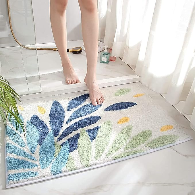 Hi Space Bathroom Rugs Mat 31.5x19.7IN Green Leaves Bath Mat for Bathroom Non Slip Machine Washable Soft Microfiber Absorbent Cute Bath Rug Plush for Tub Shower Sink Fluffy Home Decor Accessories