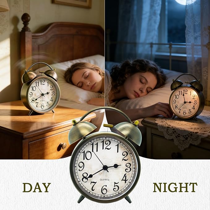 Vintage Twin Bell Alarm Clock - 4.5'' Silent Non-Ticking Analog Desk Clock, Antique Brass Finish, Retro Table Clock for Bedroom, Office & Home Decor, Battery Operated Loud Alarm for Heavy Sleepers ﻿
