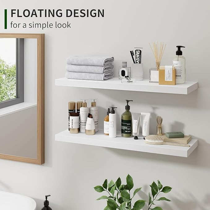 Marsmiles Wood Floating Shelves for Wall Set of 2, 24 Inch Wide Rustic Wooden Floating Shelves, Invisible Wall Mounted Display for Living Room Bedroom Kitchen Bathroom Office, Rustic Brown