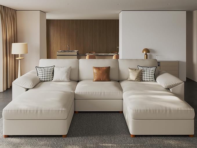 EASE MOOSE Deep Seat Sectional Couch, Scratch Resistant Faux Leather Material, 5-Seat Oversized Modular Sofa for Living Room,U Shaped Modern Comfy Sofas,Beige