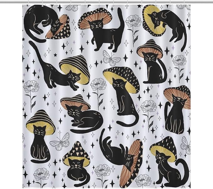 Cat Shower Curtain,Retro Funny Mushroom Star Floral Gothic Print Bathroom Curtain Polyester Waterproof Fabric Decor 66x72in（168x183cm）