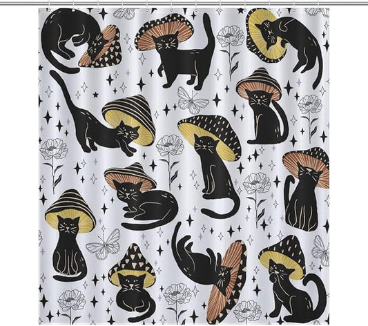 Cat Shower Curtain,Retro Funny Mushroom Star Floral Gothic Print Bathroom Curtain Polyester Waterproof Fabric Decor 66x72in（168x183cm）