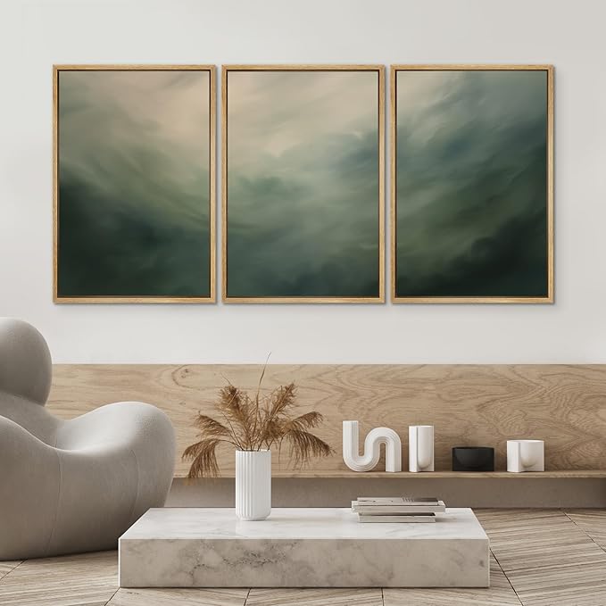 SIGNWIN Framed Canvas Print Wall Art Set Green Abstract Cloudy Landscape Illustrations Modern Art Decorative Boho Relax/Zen Nordic for Living Room, Bedroom, Office - 24"x36"x3 Natural