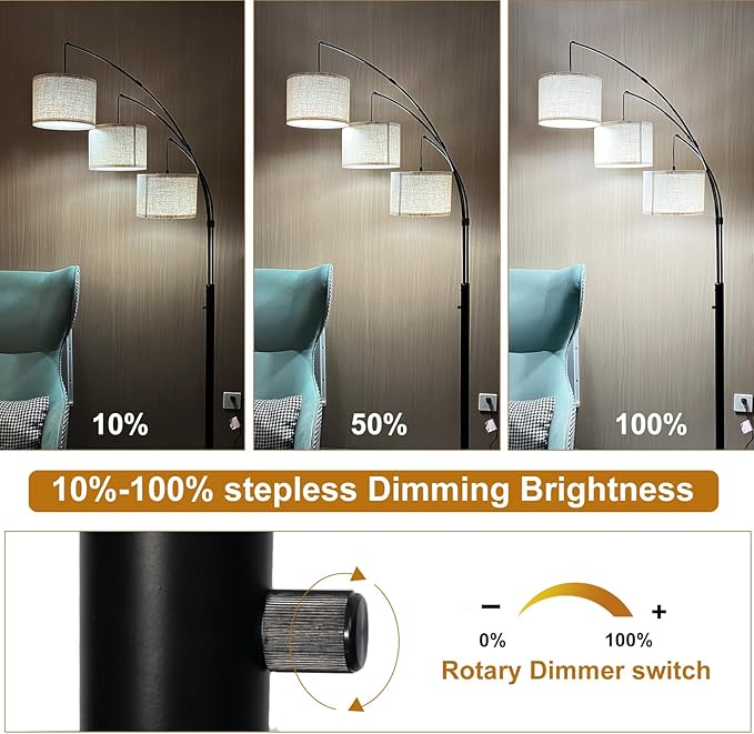 Dimmable Arc Floor Lamp, 3 Lights Floor Lamps for Living Room, 1500LM Rotary Switch Modern Tall Standing Lamp with Beige Shades & Heavy Base, Mid Century Tree Floor Lamp for Bedroom Office