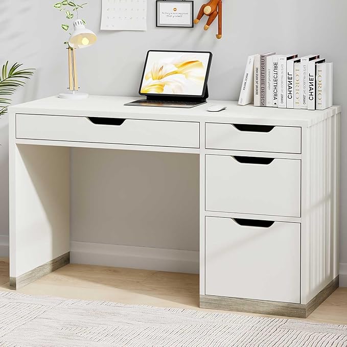 MaverickFurni White Desk with Drawers, 48 Inch Small Computer Desk with 4 Storage Drawers for Small Space, Home Office Desk for Bedroom with Storage File Drawer