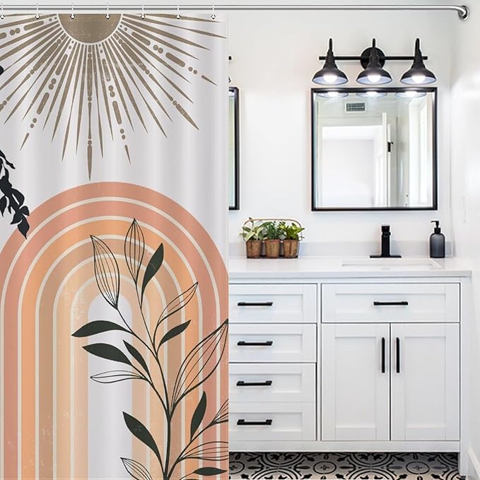 Mid Century Abstract Boho Shower Curtains Geometric Leaf Sun Modern Cafe Waterproof Shower Curtains for Bathroom Decor 12 Pack Hooks 66x72in（168x183cm）
