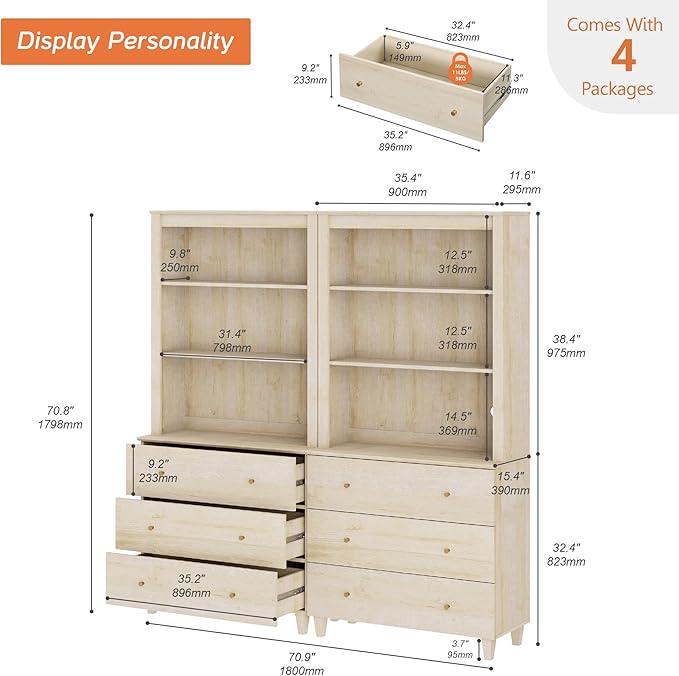 WAMPAT 71" Tall Bookcase with 6 Drawers & Open Shelves, 2 Column Modern 3-Tier Bookshelf with Adjustable Shelf, 71" Wide Wooden Display Book Shelf for Home Office, Living Room, Bedroom, Light Oak
