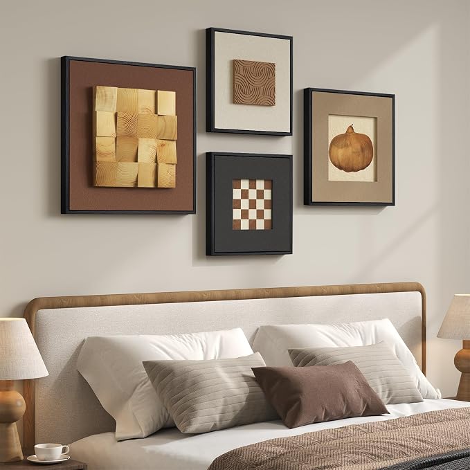 Framed 3D Wood Wall Art Decor for Living Room, 4 Piece Modern Minimalist Geometric Textured Artwork for Walls, Black and Brown Sandstone Paintings Wall Decor for Dining Room, Hallway, Bedroom