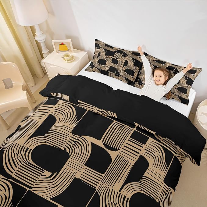 Erosebridal Boho Ethnic Duvet Cover Full Size for Boys Geometric Stripes Bedding Set Black Brown Bohemian Striped Comforter Cover for Kids Teens Youth Women Room Modern Simple Aesthetics Bed Sets