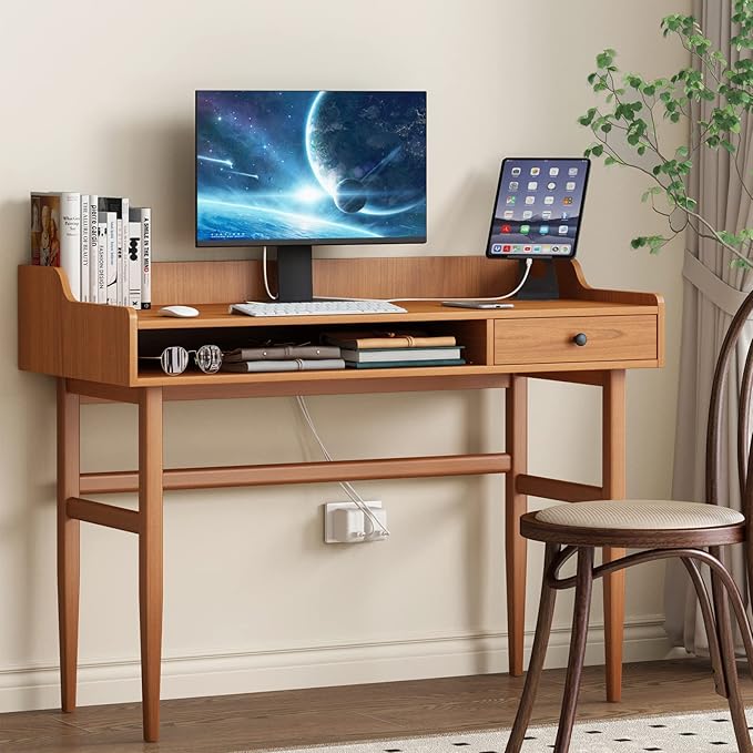 Vintage-Style Desk with Scandinavian Flair, Computer or Laptop Desk, Writing Desk with Drawer and Open Storage Cubby, Small Space Dressing Table
