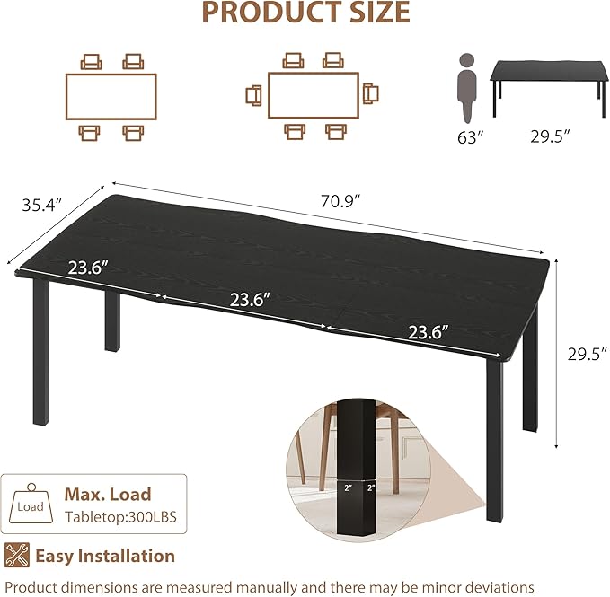 Garvee Dining Room Table for 6-8 People, 71” Dining Table, Rectangular Kitchen Table with Iron Legs, Quick Assembly, 300 Lbs Capacity, for Dining Room, Kitchen and Living Room, Black