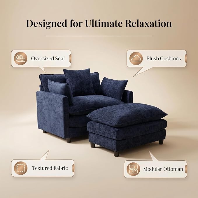 GRAVFORCE Oversized Chair with Ottoman, Comfy Upholstered Chaise Lounge Chair, Accent Indoor Reading Chairs for Living Room, Bedroom (Blue)