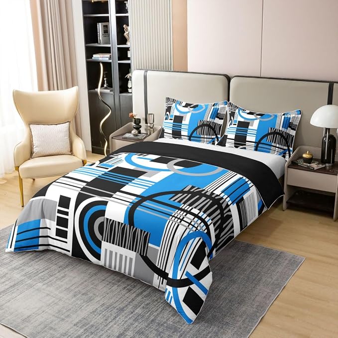 Erosebridal Art Deco Mid Century Duvet Cover Set Retro Modern Abstract Geometric 100% Cotton Comforter Cover Black and White Blue Circles Stripes Queen Bedding Sets, Contemporary Bed Sets