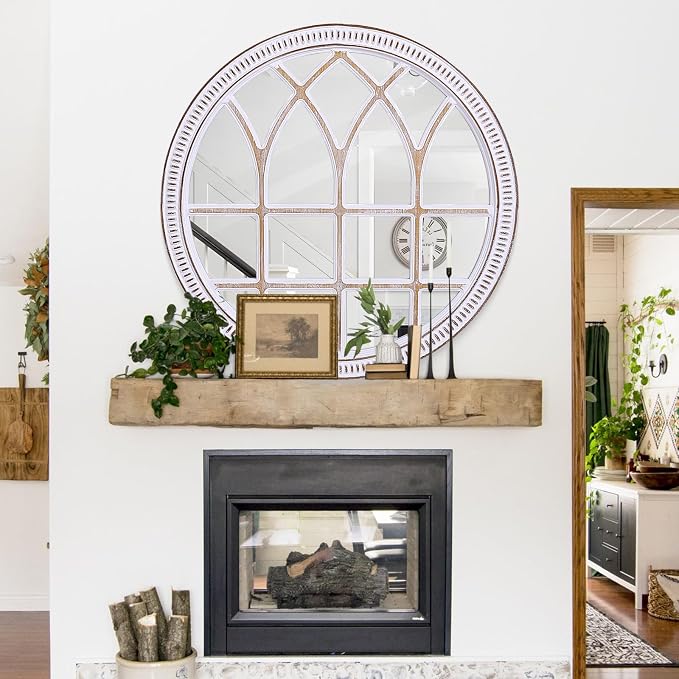 HOITUZYUS 30 Inch Farmhouse Round Wood Window Mirror for Wall Decor | Decorative Windowpane Mirrors for Bathroom Vanity, Entryway, Living Room, Bedroom & Mantel Decor