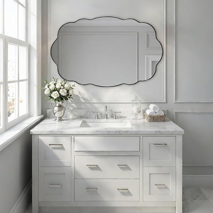 ANDY STAR Brushed Nickel Bathroom Mirror, 30x48 Inch Large Silver Wavy Vanity Mirror, Unique Oval Bathroom Vanity Mirror with Sophisticated Curved Design