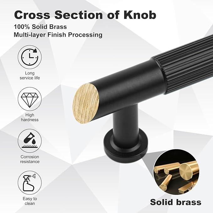 -5 Inch Matt Black Kitchen Cabinet Handles, 5 Pack Solid Brass Drawer Dresser Pulls, Modern Cabinet Hardwares for Bathroom Bedroom Cupboard Wardrobe Closet
