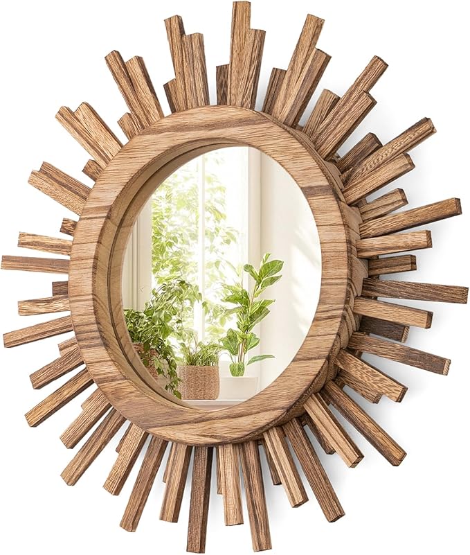 12 Inch Boho Sunburst Mirror, Round Wooden Wall Decor Starburst Sun Mirror for Bedroom, Living Room, Bathroom, Hallway, Balcony, Farmhouse Entryway, Housewarming Gift（Rustic Brown