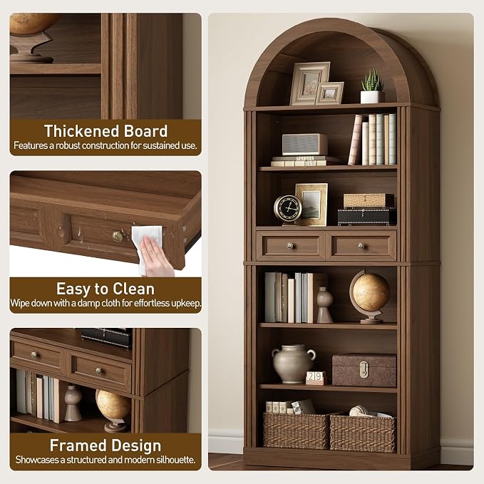 RALGEND Arched Bookshelf Set of 2, 73" Tall Arch Bookcase with Drawer, 6-Tier Farmhouse Book Shelf, Wooden Bookshelf with Open Display Shelves for Living Room, Office, Walnut